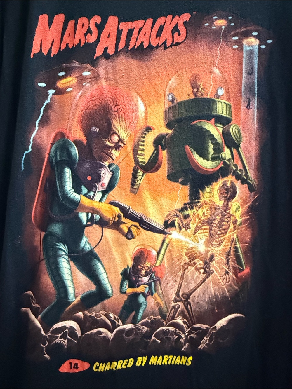 Mars Attacks Graphic Tee in Black with Orange & Green Print